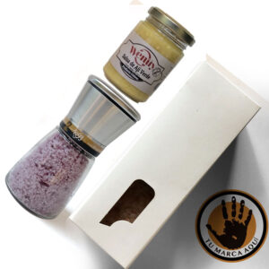Regalo gourmet molinillo sal de Cahuil y pasta picante, personalizable con logo
