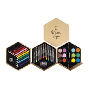 Set de pinturas hexagonal para niños con lápices de colores y acuarelas