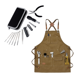 Pack de herramientas con delantal de trabajo y set de 24 piezas en estuche negro