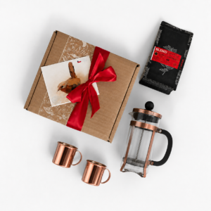 Set de regalo corporativo con prensa francesa de 600 ml, café arábica y dos tazas encobrizadas